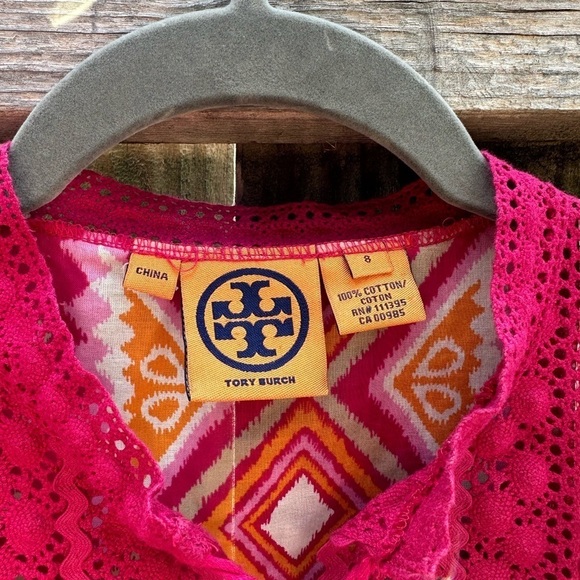 Tory Burch Printed Batik Orange and Pink Boho Tassel Lace Detail Popover Blouse - Picture 7 of 8
